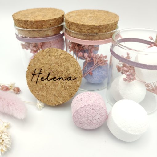 Glazen potje met mini bruisballen en gravure - Helena